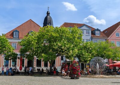 Japanischer Schnurbaum in Hamburg: auch hierzulande beliebt: blühende Schnurbäume auf einem Marktplatz im August (Waren/Müritz)