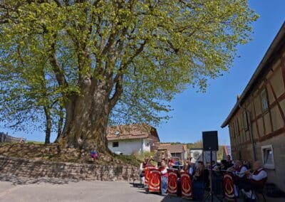 Ausrufung Dorflinde Harbach: Beginn der Feier mit volkstümlichen Rhön-Musikstücken vom Musikverein 'Lyra' Eckweisbach
