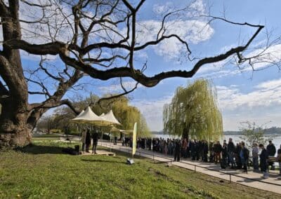 Ausrufung Schnurbaum Hamburg: die große Festgesellschaft vor dem riesigen Baum